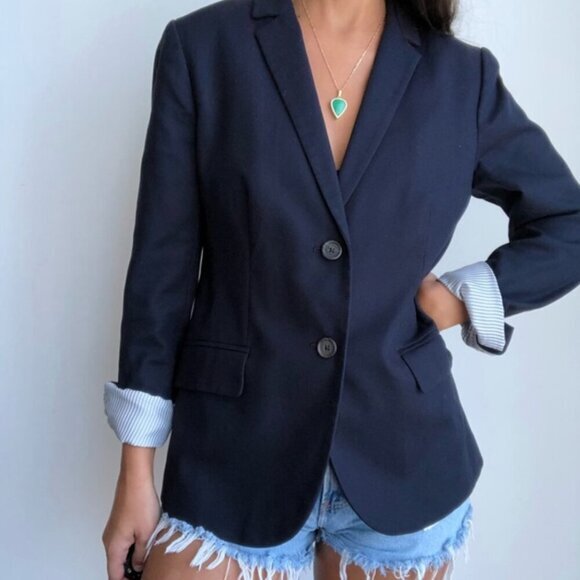 J. CREW Solid Navy Blue Striped Lining Two Button 100% Cotton Work Blazer Jacket - Picture 3 of 16